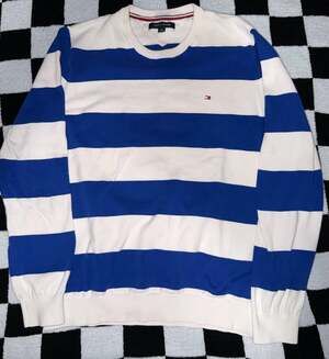 Tommy Hilfiger Men's Blue and White Rugby Striped Crew-Neck Pullover Sweater